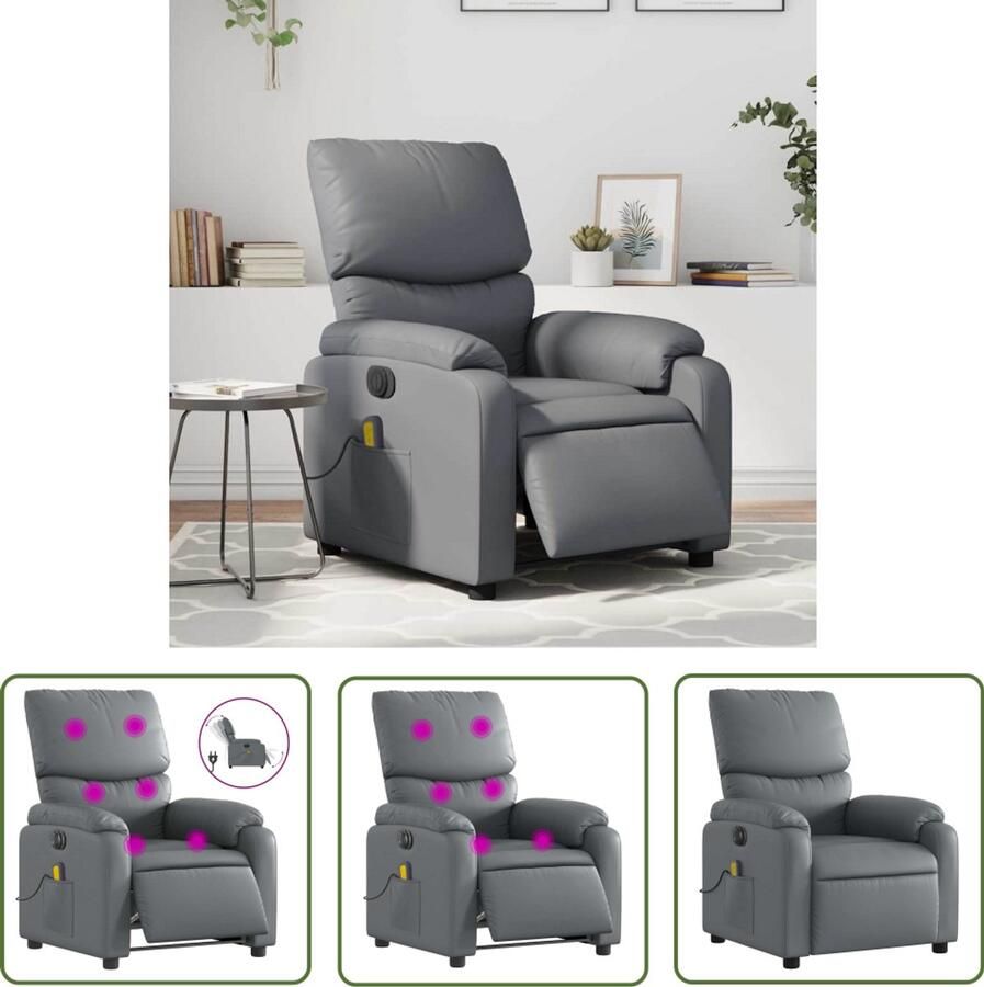 The Living Store Massagestoel verstelbaar elektrisch kunstleer grijs Massagestoel Elektrische Fauteuil Massage Ergonomische Stoel Lounge Stoel