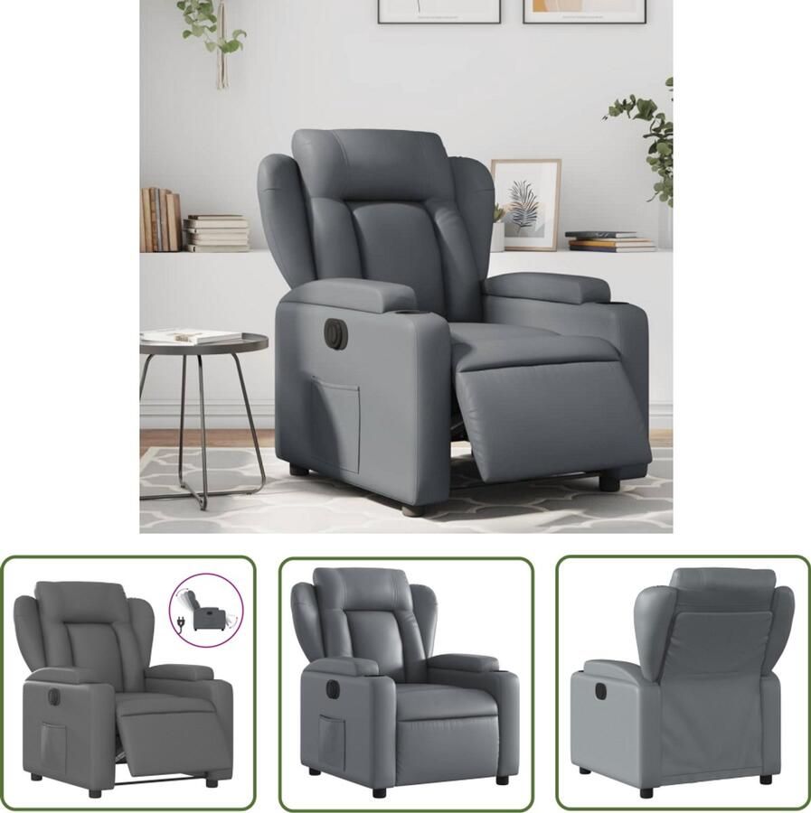 The Living Store Fauteuil verstelbaar elektrisch kunstleer grijs Elektrische Fauteuil Loungestoel Elektrische Verstelbare Stoel Lederlook Fauteuil Grijze Fauteuil