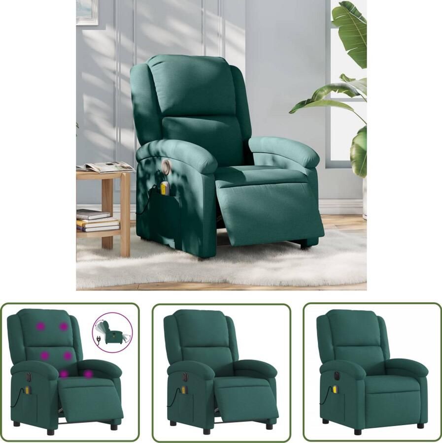 The Living Store Massagestoel elektrisch verstelbaar stof donkergroen Elektrische Massage Fauteuil Massage Stoel Comfort Stoel Lederlook Stoel Loungestoel