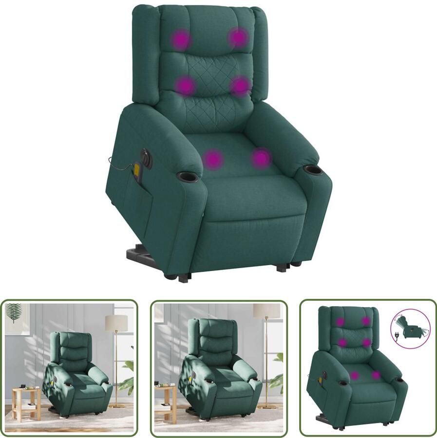 VidaXL Elektrische Stoel Sta-op Massagestoel Sta-op-massagestoel elektrisch verstelbaar stof donkergroen Massagefauteuil Loungestoel Dark Green Chair
