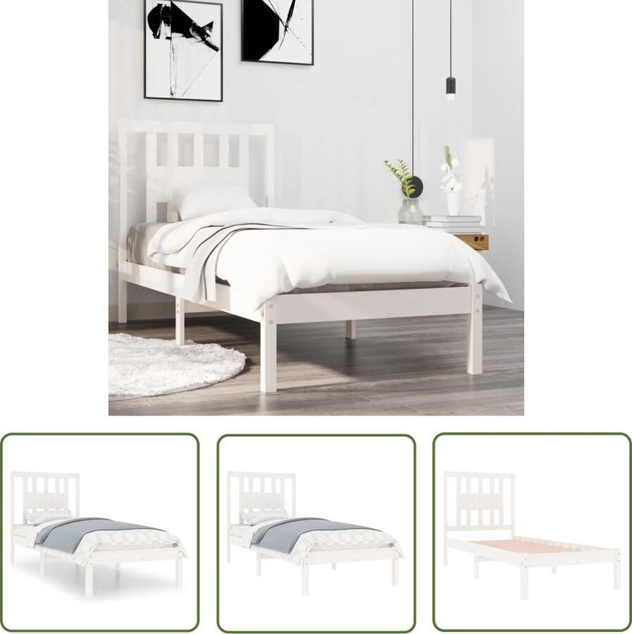 The Living Store Bedframe Houten Single 195.5 x 96 x 100 cm Wit Grenenhout Houten Bed Frame Enkel Bed Witte Bedbank Massief Grenenhout Bedsteun