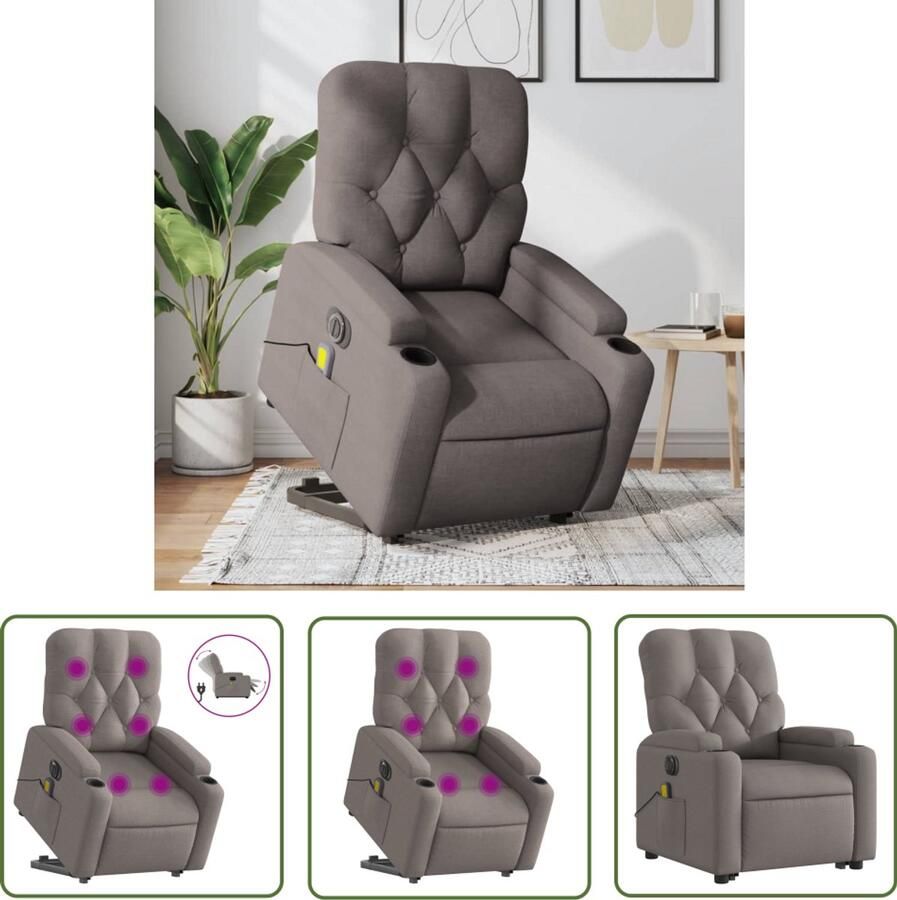 VidaXL Ergonomische Stoel Sta Op Massagestoel Sta-op-massagestoel elektrisch verstelbaar stof taupe Relaxstoel Massagerugsteun Elektrische Fauteuil
