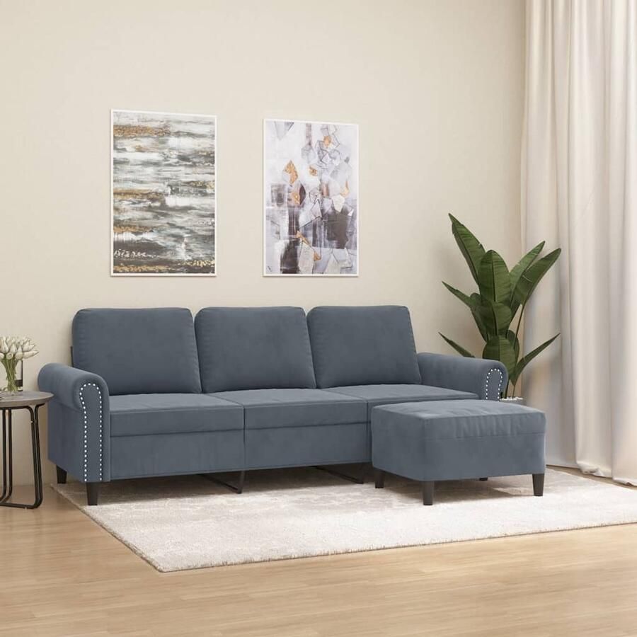 The Living Store Fauteuil met Voetenbank 3-zitsbank 212x77x80cm Donkergrijs Fluweel 3 Zits Bank Fauteuils Lounge Set Woonkamer Meubels Donkere Kleuren