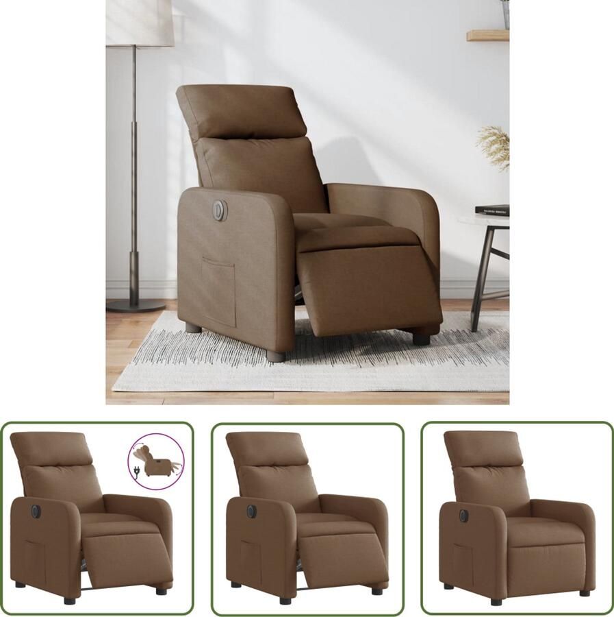 The Living Store Fauteuil verstelbaar elektrisch stof bruin Elektrische Fauteuil Loungestoel Relaxfauteuil Lederlook Designstoel