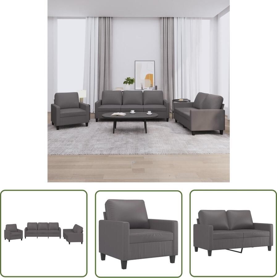The Living Store Loungeset Kunstleren armstoel tweezitsbank en driezitsbank Grijs 78x77x80cm 138x77x80cm 198x77x80cm Loungebank Fauteuils Tuinmeubel Buitenleven Lounge Set