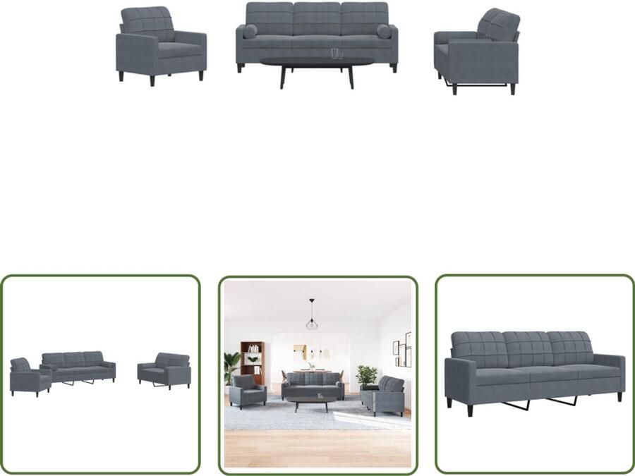 The Living Store 3-delige Loungeset met kussens en bolsters fluweel donkergrijs Loungeset Fauteuils Zitzitting Bankstellen Velours Meubels