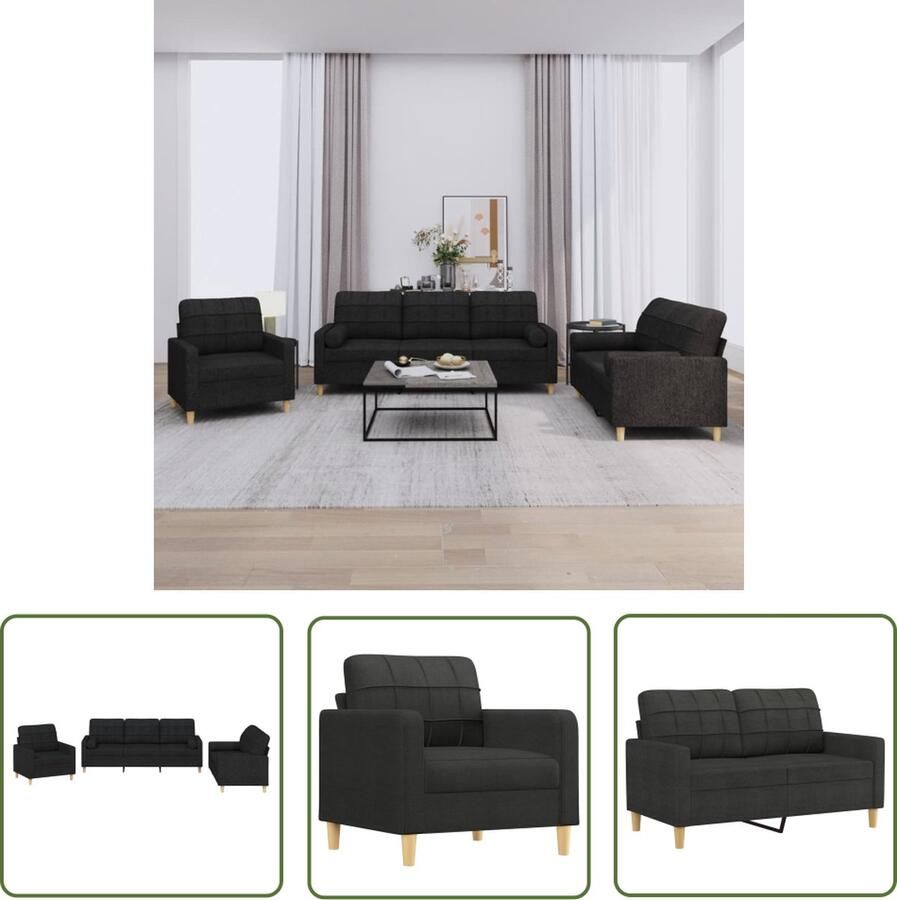 The Living Store Loungeset Zwarte Stoffen Fauteuil + Tweezitsbank + Driezitsbank Comfy zitten Duurzaam Stabiel Met kussens 198x77x80cm