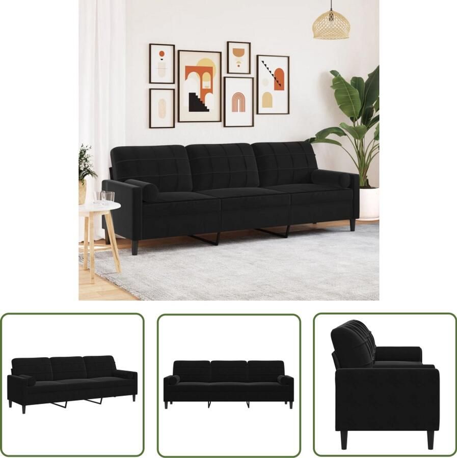 The Living Store 3-zitsbank met sierkussens 210 cm fluweel zwart 3 Zits Bank Fluweel Bank Zwarte Bank Salontafel Bankstel