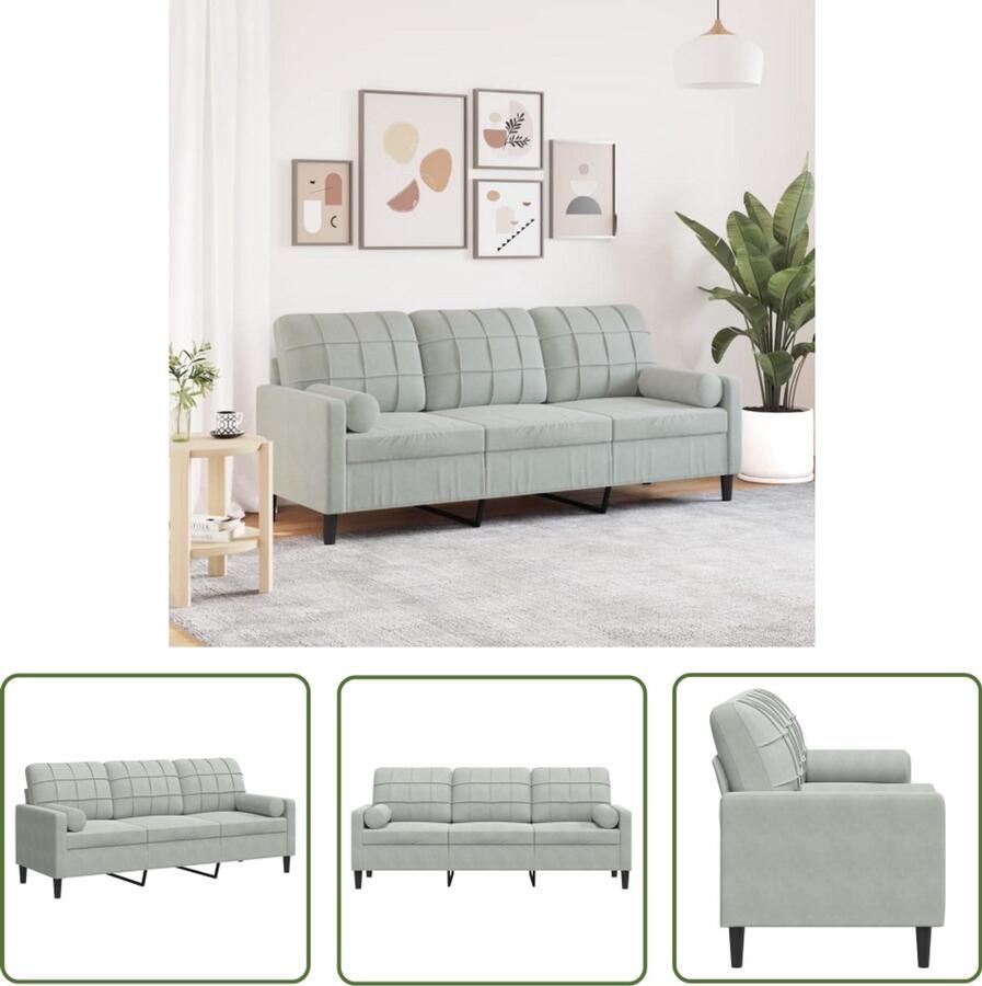 The Living Store Driezitsbank met sierkussens 180 cm fluweel lichtgrijs 3 Zits Bank Fluweel Bank Grijze Bank Moderne Bank Salontafel