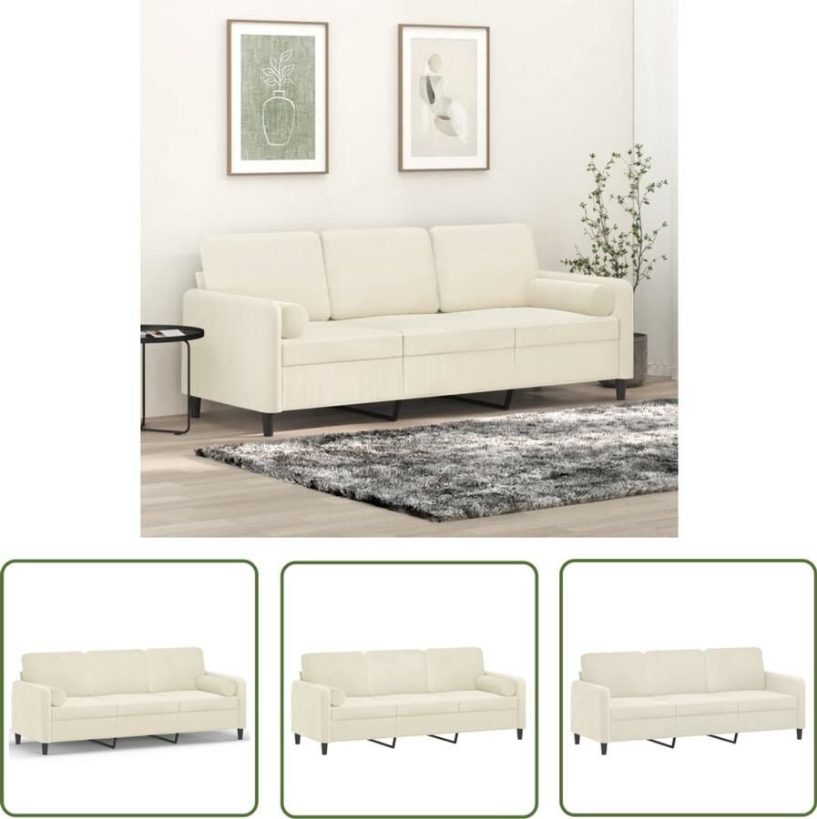 The Living Store Driezitsbank met sierkussens 180 cm fluweel crèmekleurig Drie Zits Bank Fluweel Bank Creme Bank Salontafel Bankstellen