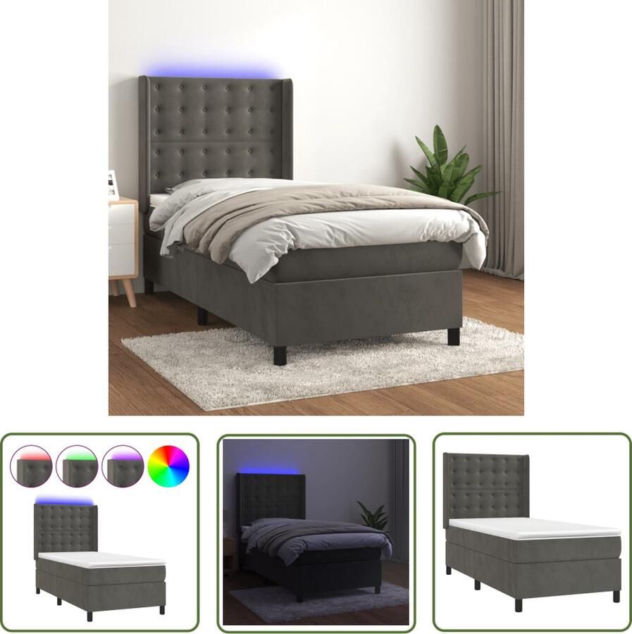 The Living Store Boxspring met matras en LED fluweel donkergrijs 90x190 cm Boxspring Bed Fluweel Bed Led Bed Hoofdbord Pocketed Spring Mattress
