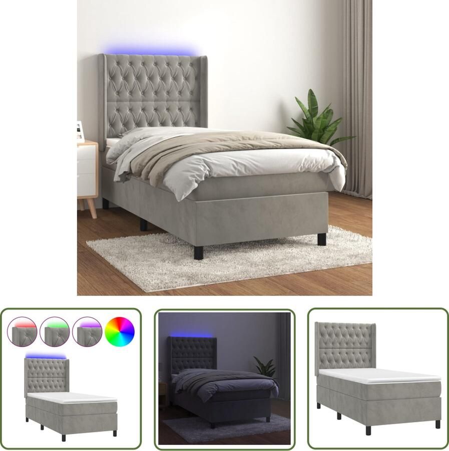The Living Store Boxspring Bed Fluweel Pocketvering LED 203 x 93 x 128 cm Lichtgrijs Boxspring Bed Fluweel Bed Led Bed King Size Bed Tweepersoonsbed