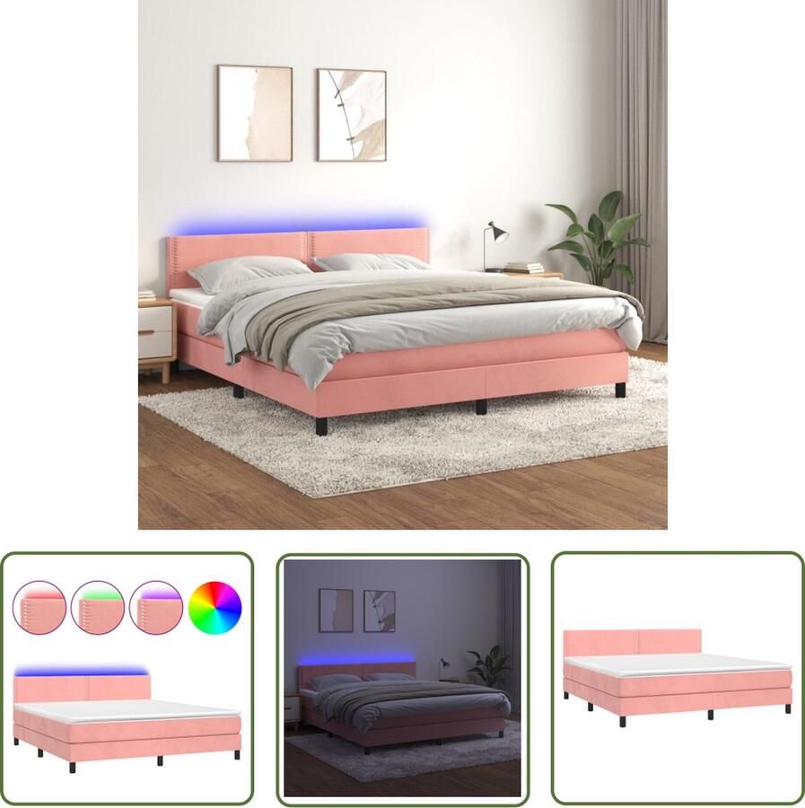 The Living Store Boxspring Bed Roze Fluweel 160x200 cm Met LED-verlichting Boxspring Bed Fluweel Bed Roze Bed Led Bed King Size Bed