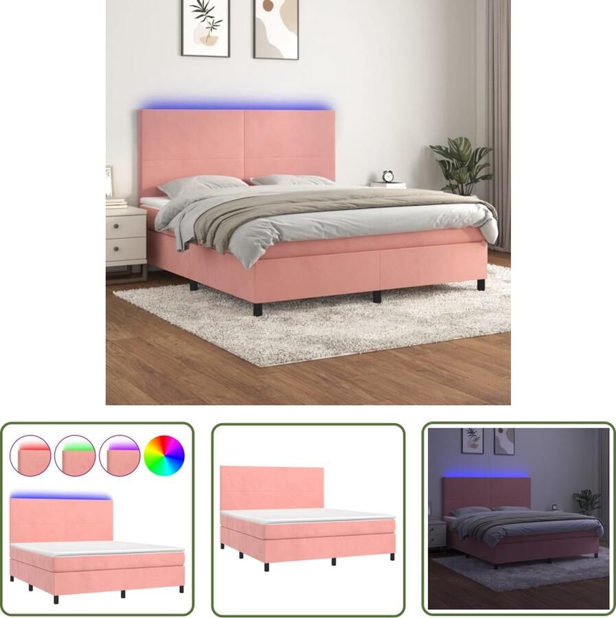The Living Store Boxspring met matras en LED fluweel roze 160x200 cm Boxspring Bed Fluweel Bed Roze Bed Tweepersoons Bed King Size Bed