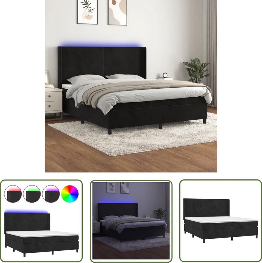 The Living Store Boxspring Bed Zwart fluweel 203 x 163 x 118 128 cm Verstelbaar hoofdbord Kleurrijke LED-verlichting Pocketvering matras Huidvriendelijk topmatras USB-aansluiting Montagehandleiding inbegrepen