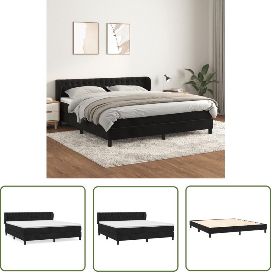 The Living Store Boxspringbed Zacht fluweel Praktisch hoofdbord Pocketvering matras Middelharde ondersteuning Huidvriendelijk topmatras Kleur- zwart Afmetingen- 203 x 183 x 78 88 cm
