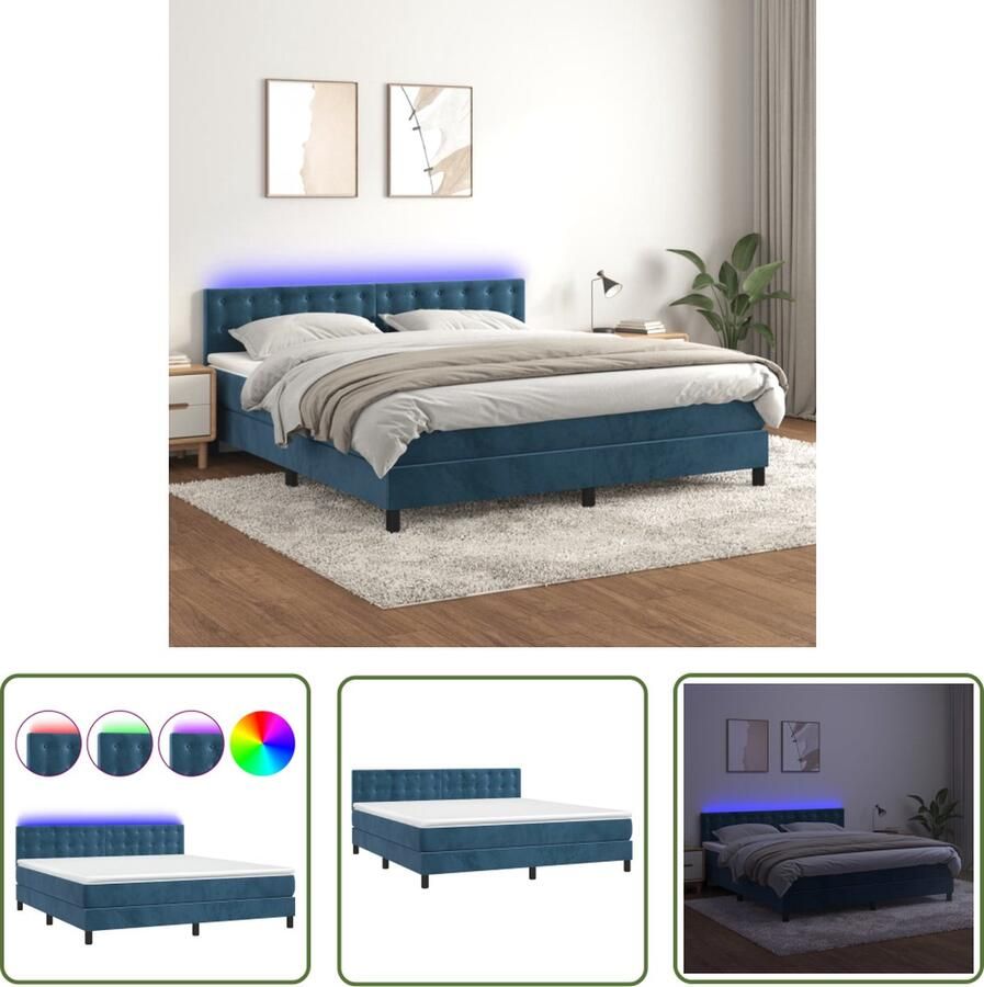 The Living Store Boxspring donkerblauw fluweel 203 x 180 x 78 88 cm verstelbaar hoofdbord LED-verlichting pocketvering matras huidvriendelijk topmatras Boxspring Fluweel Bed Dark Blue Bed Adjustable Headboard Led Lighting