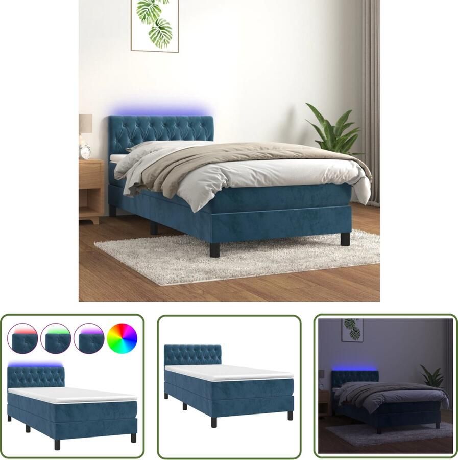 The Living Store Boxspring met matras en LED fluweel donkerblauw 90x200 cm Boxspring Fluweel Bed Verstelbare Hoofdbord Led Verlichting Slaapcomfort