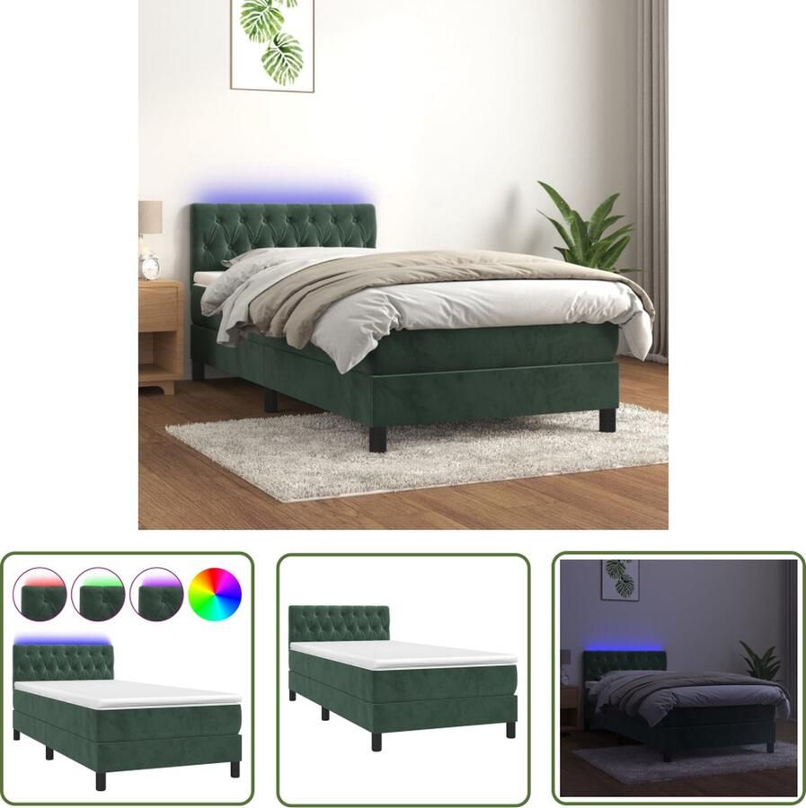 The Living Store Bed Zacht Groen Fluweel 203 x 100 x 78 88 cm Verstelbaar hoofdbord Kleurrijke LED-verlichting Pocketvering matras Huidvriendelijk topmatras