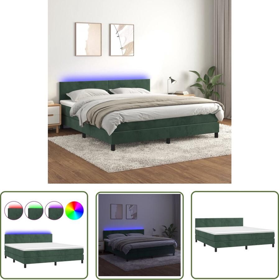 The Living Store Boxspring met matras en LED fluweel donkergroen 160x200 cm Boxspring Fluweel Bed Donkere Kleuren Elektrisch Bed Led Lampen