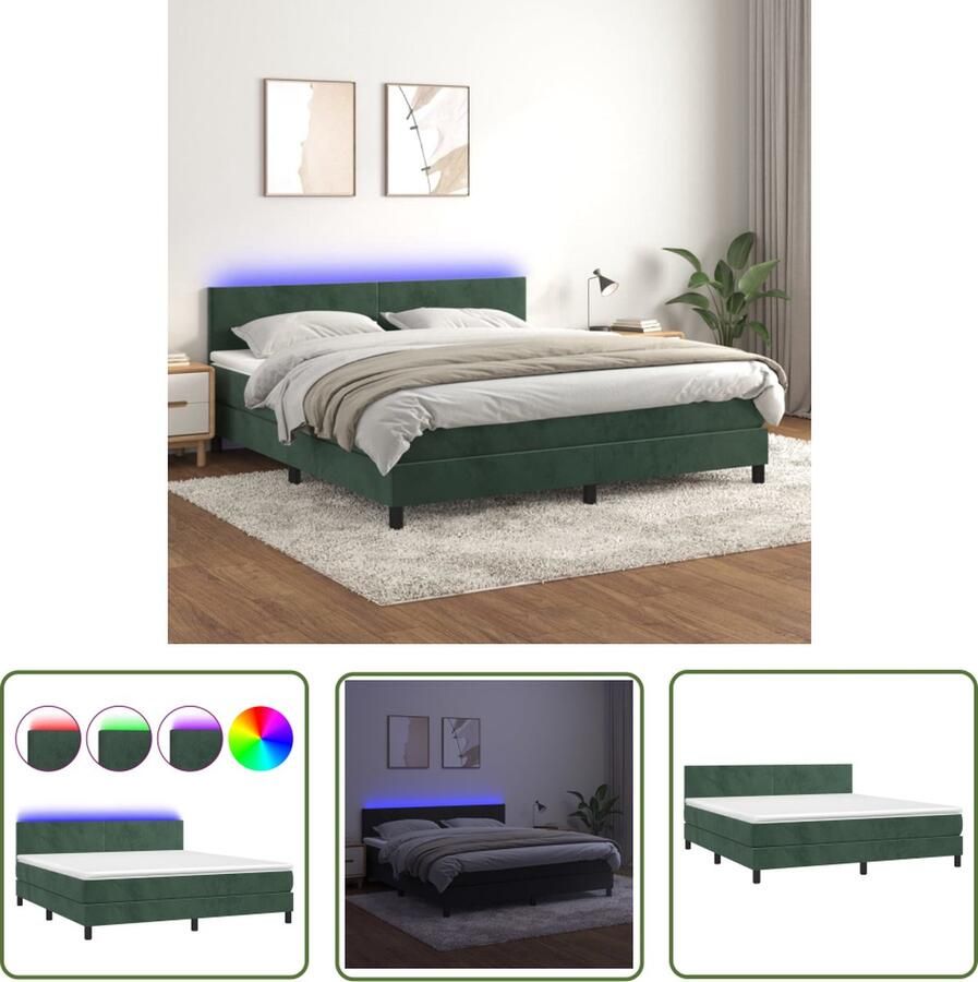The Living Store Bed Donkergroen Fluweel 203x180 cm Verstelbaar hoofdbord LED-verlichting Pocketvering matras Huidvriendelijk topmatras Inclusief montagehandleiding USB-aansluiting