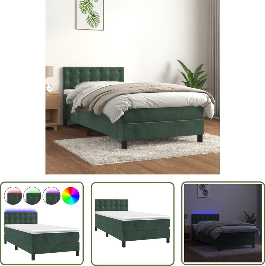 The Living Store Bed Donkergroen Fluweel 203x90x78 88 Verstelbaar hoofdbord LED-verlichting Pocketvering matras Huidvriendelijk topmatras Montagehandleiding Boxspring Fluweel Bed Donkere Kleuren Bed Led Bed Elektrisch Bed