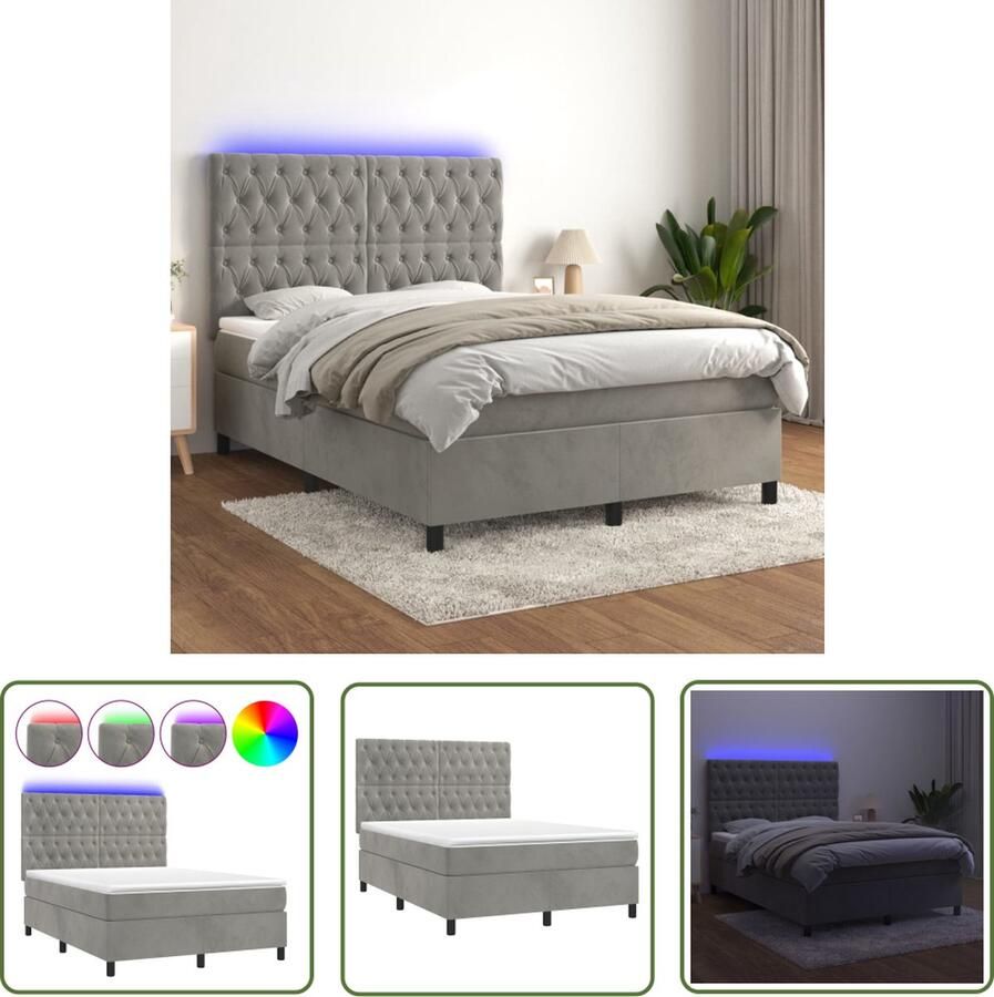 The Living Store Boxspring Fluwelen Bed met LED en Pocketvering 140 x 190 cm Boxspring Fluweel Bed Led Bed Pocketed Spring Mattress King Size Bed