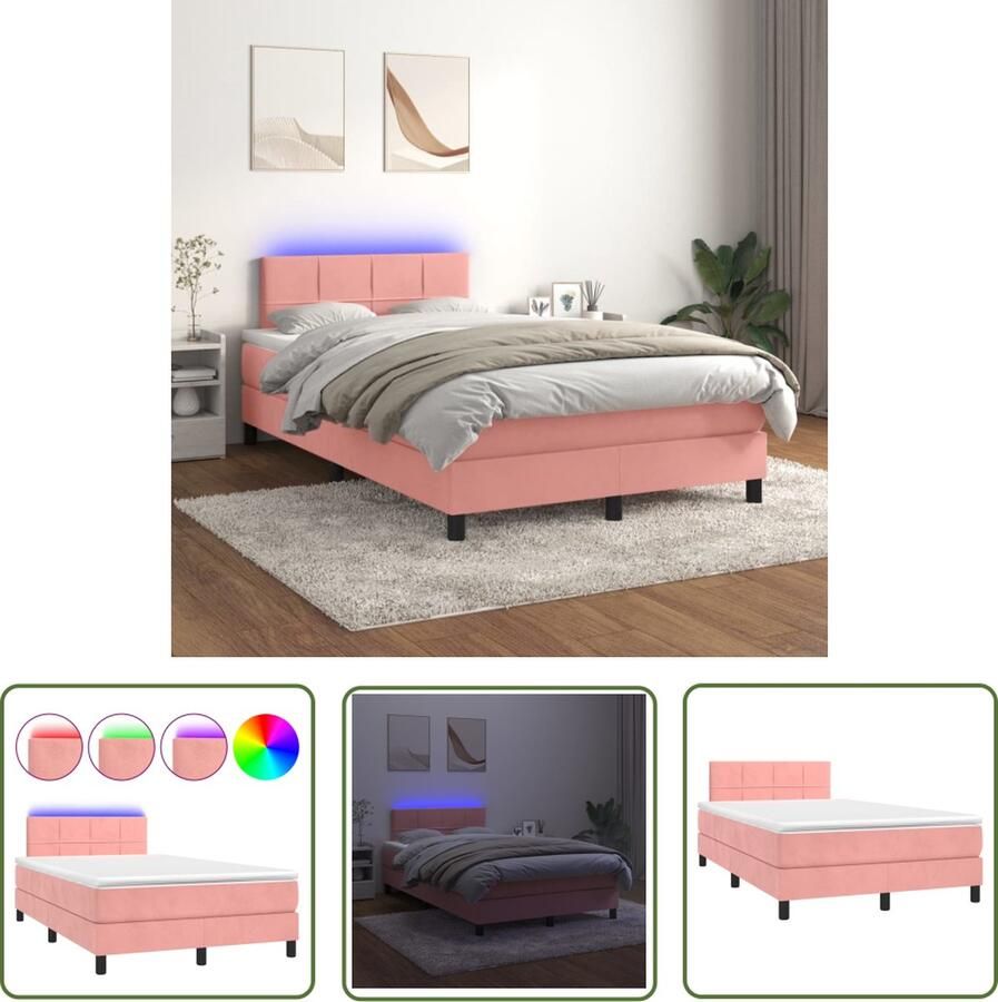 The Living Store Bed Roze Fluweel 203x120x78 88 cm LED Pocketvering Matras Huidvriendelijk topmatras Boxspring Fluweel Bed Rooskleurig Bed Led Bed King Size Bed