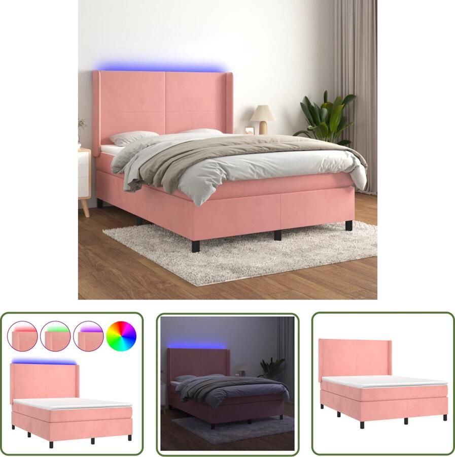 The Living Store Bed Roze Fluweel 193x147x118 128 cm Pocketvering Matras Huidvriendelijk Topmatras Kleurrijke LED-Verlichting Boxspring Fluweel Bed Rooskleurig Bed Led Bed King Size Bed