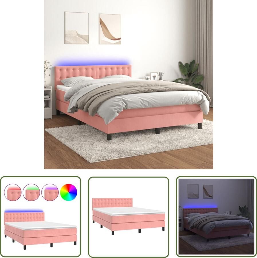 The Living Store Boxspring Bedframe met verstelbaar hoofdbord 193 x 144 cm Zacht fluweel roze Pocketvering matras Huidvriendelijk topmatras Kleurrijke LED-verlichting