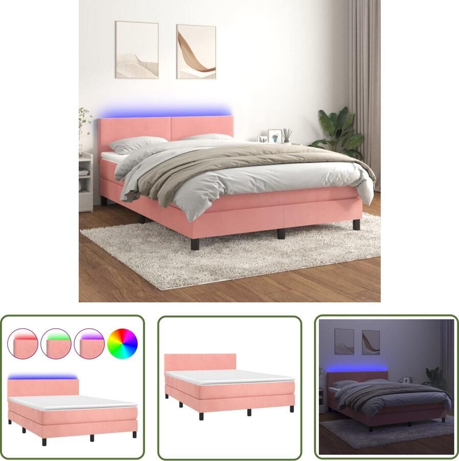 The Living Store Boxspring fluweel roze 203 x 144 x 78 88 cm verstelbaar hoofdbord pocketvering matras huidvriendelijk topmatras kleurrijke LED-verlichting Boxspring Fluweel Bed Roze Bed Tweepersoonsbed Adjustable Headboard