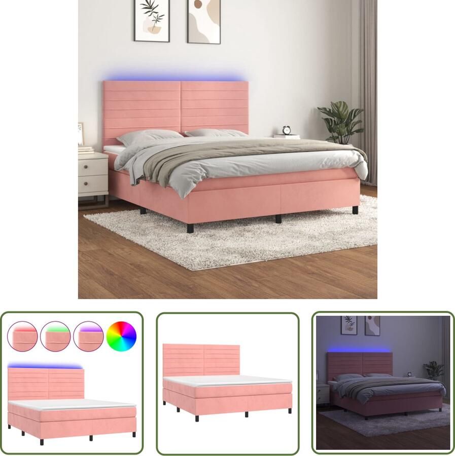 The Living Store Bed 203 x 180 x 118 128 cm Roze fluweel Pocketvering matras Wit en roze fluwelen topmatras Met LED Boxspring Tweepersoonsbed Velvet Bed Rooskleurig Bed Led Bed