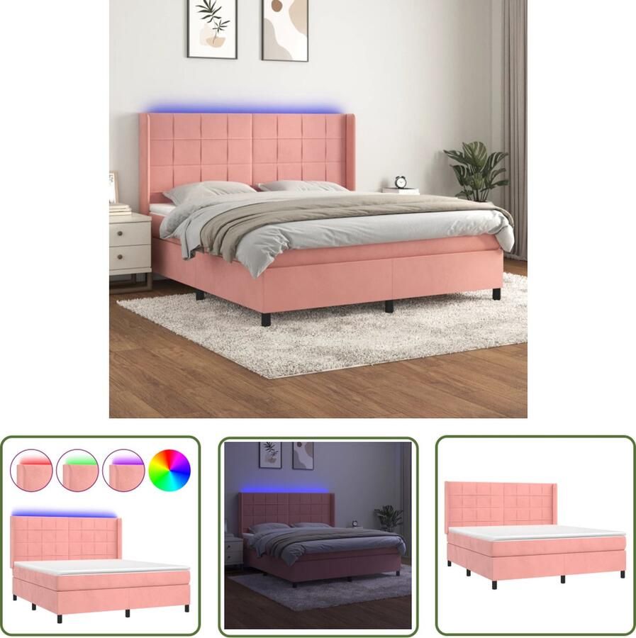The Living Store Bed Roze Fluweel Boxspring 160x200 Verstelbaar hoofdbord LED verlichting Pocketvering matras Huidvriendelijk topmatras Boxspring Fluweel Bed Roze Bed Led Bed Adjustable Headboard