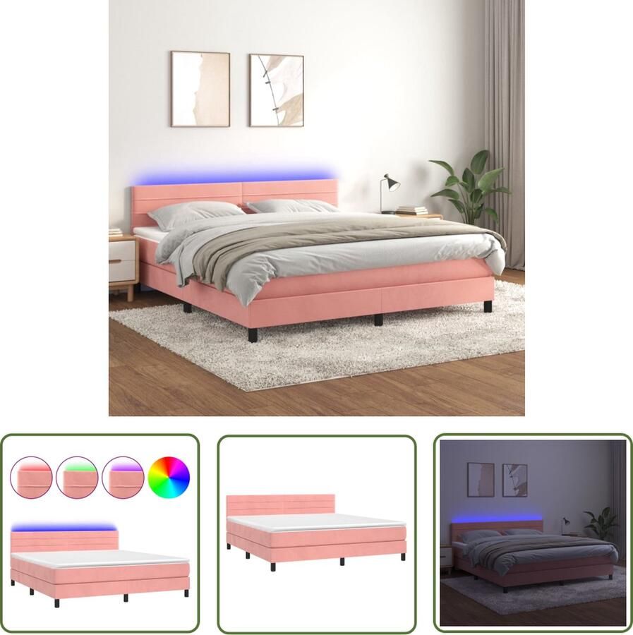 The Living Store Boxspring roze fluweel 203x160 cm verstelbaar hoofdbord LED-verlichting pocketvering matras huidvriendelijk topmatras Boxspring Fluweel Bed Rozerood Bed Tweepersoons Bed Adjustable Headboard