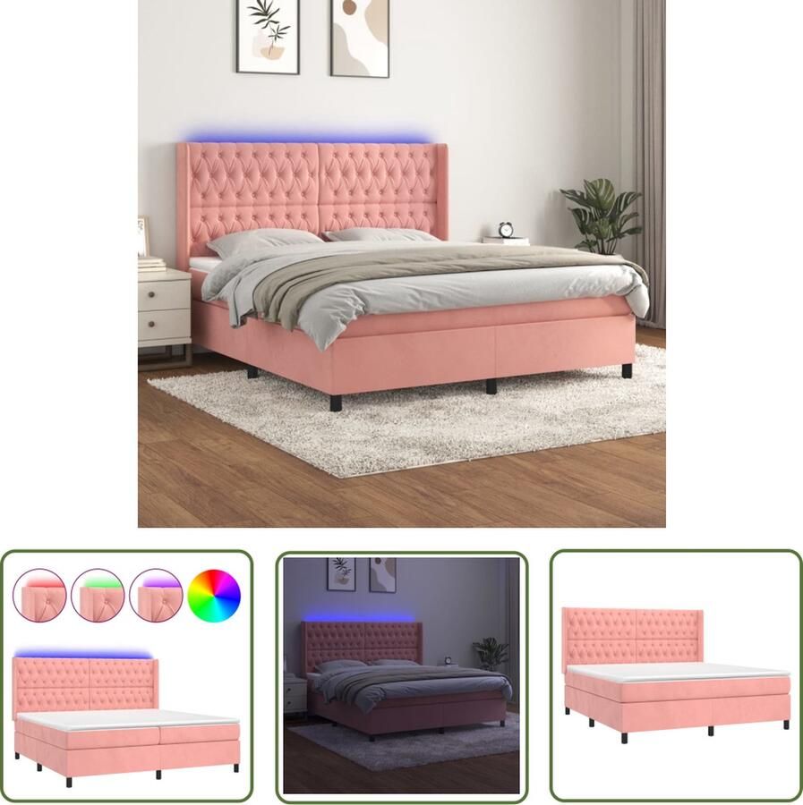 The Living Store Boxspring Roze Bedframe met verstelbaar hoofdbord 203 x 183 x 118 128 cm Fluweel Boxspring Fluweel Bed Rozerood Bed Adjustable Headboard Led Lamp