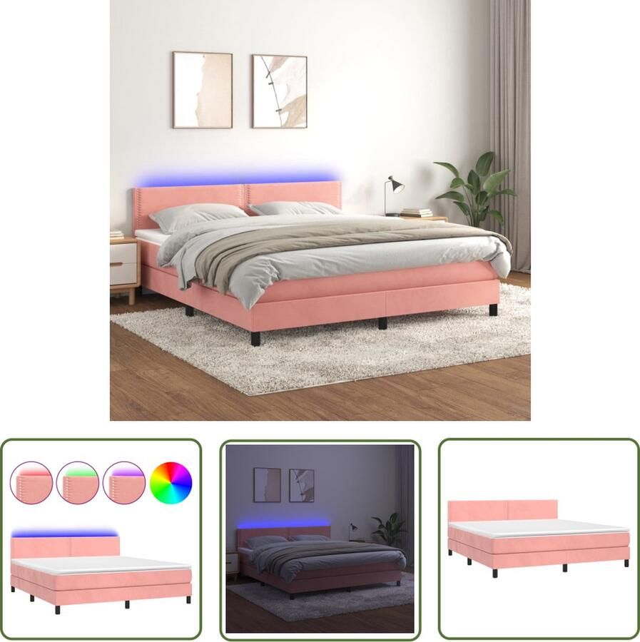The Living Store Boxspring Zacht fluwelen bed Verstelbaar hoofdbord Kleurrijke LED-verlichting Pocketvering matras Huidvriendelijk topmatras 180x200 cm