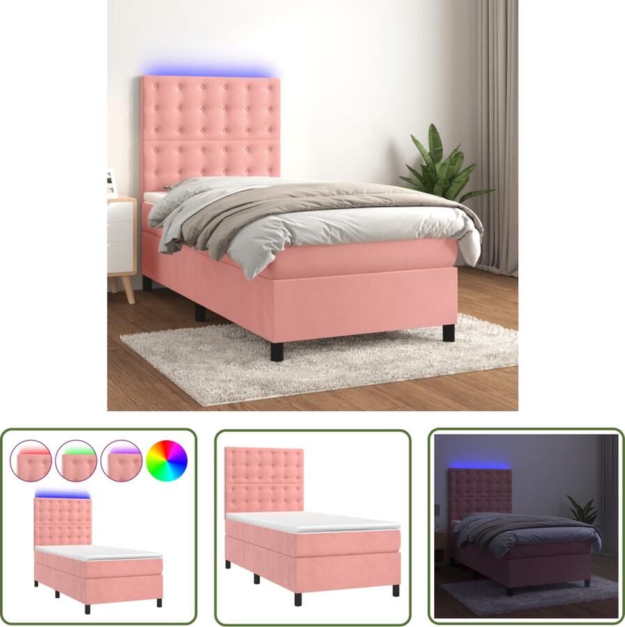 The Living Store Boxspring met matras en LED fluweel roze 90x200 cm Boxspring Fluweel Bed Led Bed Tweepersoons Bed Roze Bed