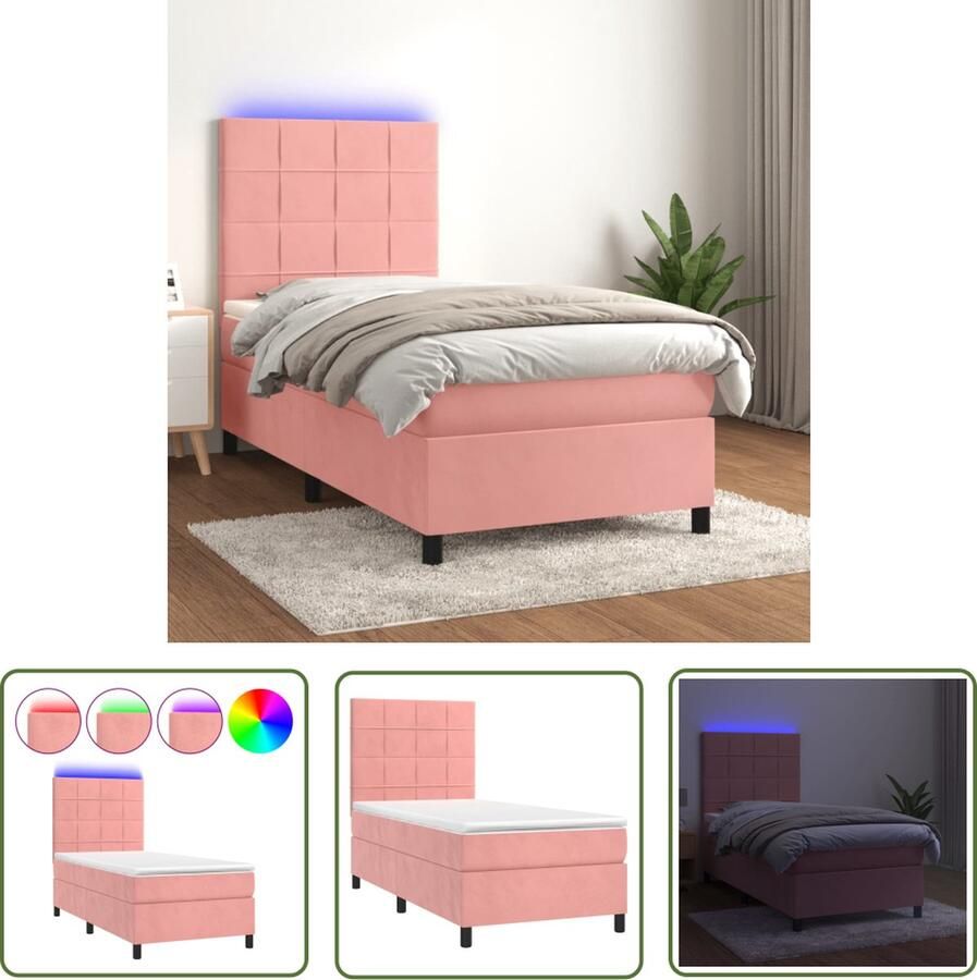 The Living Store Boxspring met matras en LED fluweel roze 90x200 cm Boxspring Fluweel Bed Roze Bed Led Bed Boxspring Kopen