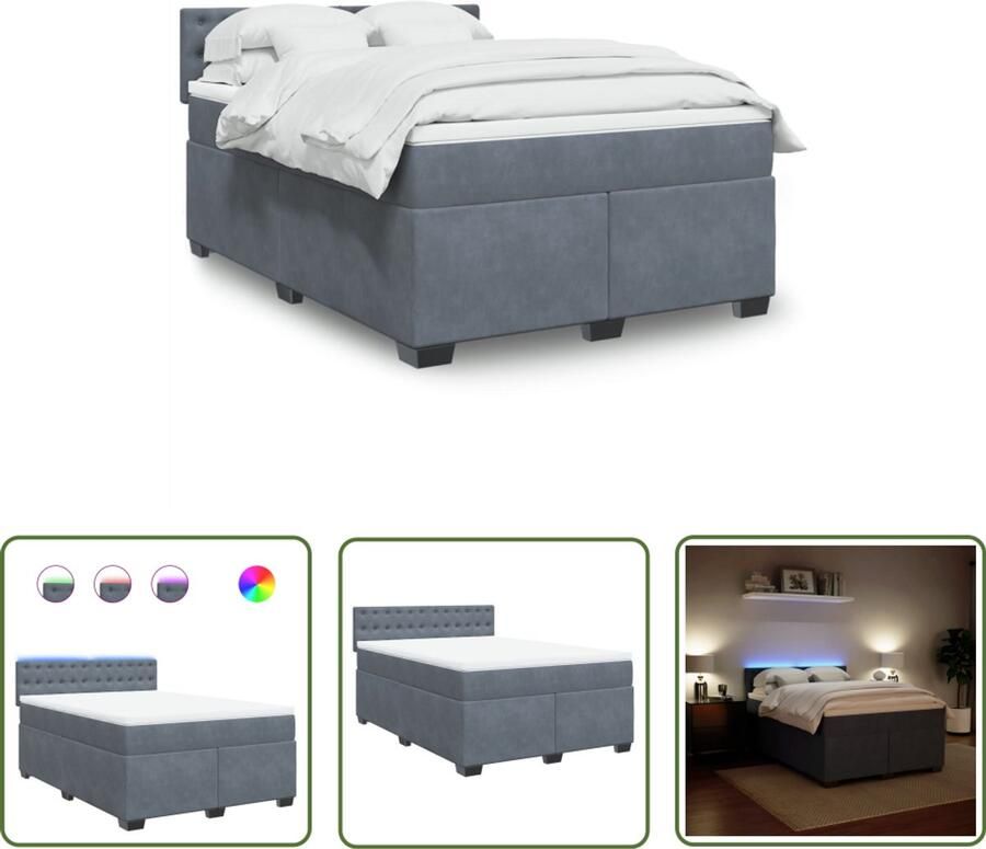VidaXL Boxspring met matras fluweel donkergrijs 140x190 cm Boxspring Fluweel Bed Donkere Kleur Tweepersoonsbed Led Verlichting