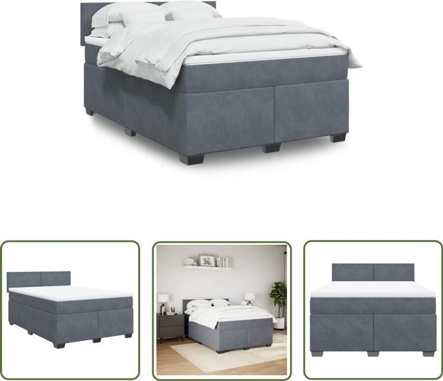 VidaXL Boxspring met matras fluweel donkergrijs 140x190 cm Boxspring Fluweel Bed Donkere Kleuren Tweepersoonsbed Matras