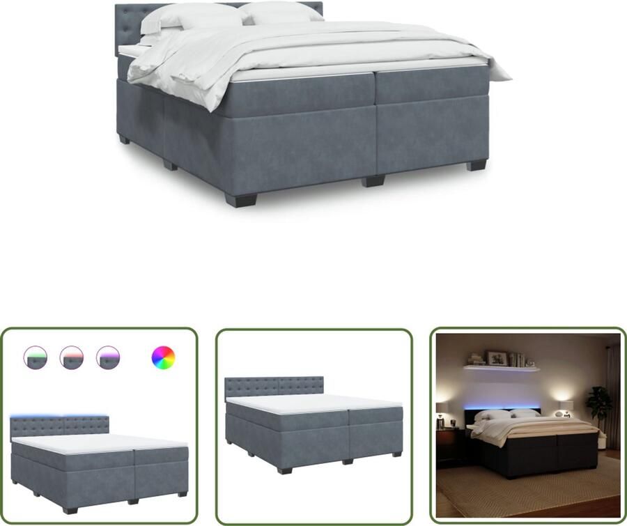 VidaXL Boxspring met matras fluweel donkergrijs 200x200 cm Boxspring Fluweel Bed Donkere Grijze Bed Tweepersoons Bed Led Verlichting Bed
