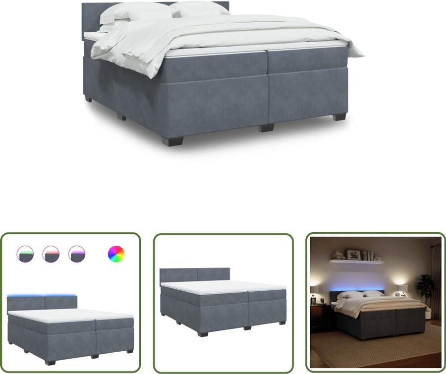 VidaXL Boxspring met matras fluweel donkergrijs 200x200 cm Boxspring Fluweel Bed Donkere Kleur Bed Groot Tweepersoonsbed Led Verlichting Bed