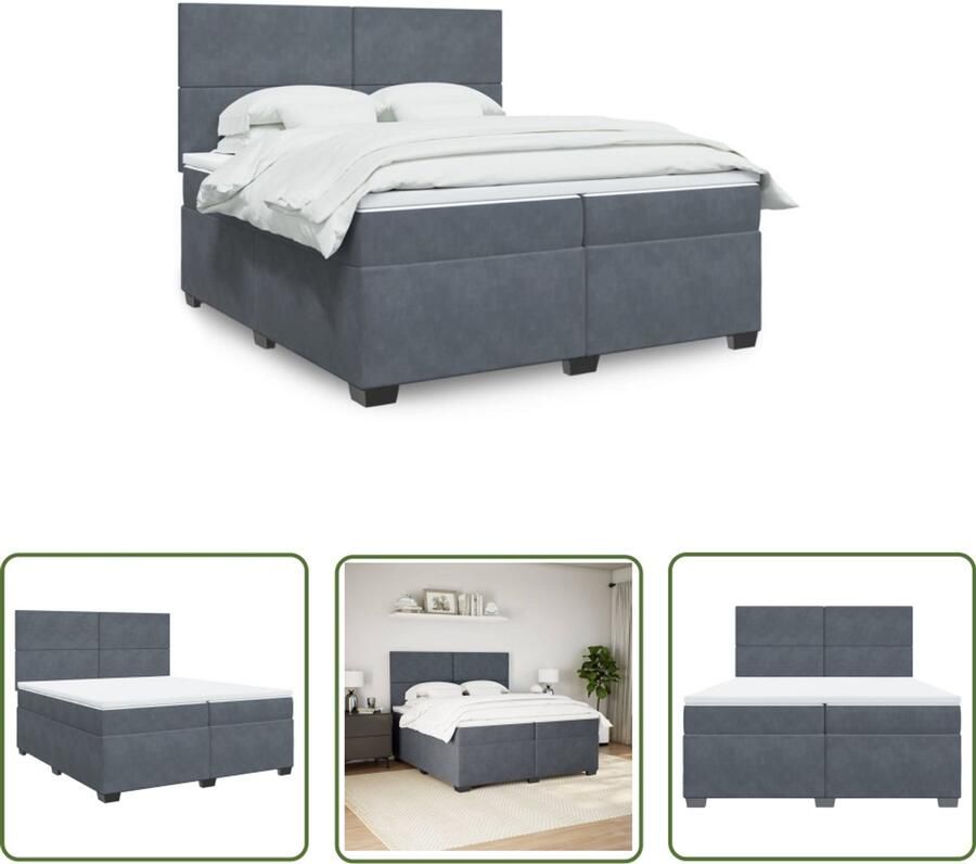 VidaXL Boxspring met matras fluweel donkergrijs 200x200 cm Boxspring Fluweel Bed Tweepersoons Bed Groot Bed Donkere Kleuren