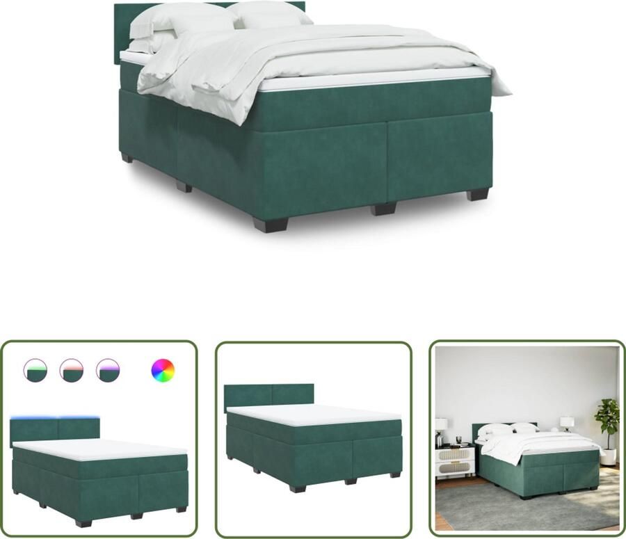 VidaXL Boxspring met matras fluweel donkergroen 140x190 cm Boxspring Fluweel Bed Donkere Kleur Bed Groot Tweepersoonsbed Led Lampen Bed
