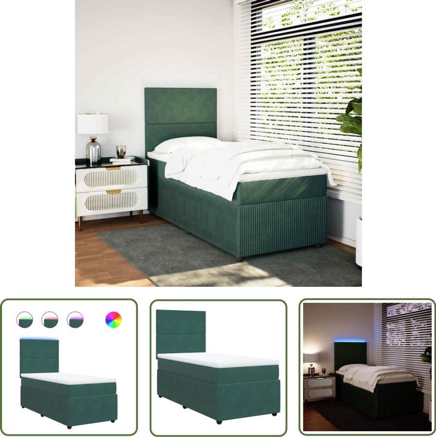 VidaXL Boxspring met matras fluweel donkergroen 80x200 cm Boxspring Fluweel Bed Donkere Kleur Bed Tweepersoons Bed Led Lampen Bed