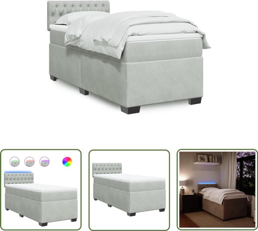 VidaXL Boxspring met matras fluweel lichtgrijs 100x200 cm Boxspring Fluweel Bed Grijs Bed Tweepersoons Bed Led Lamp