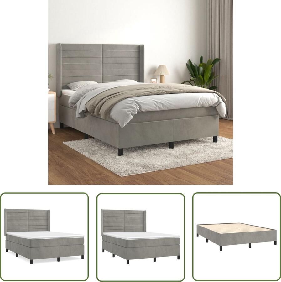 The Living Store Boxspringbed Fluweel Pocketvering Middelharde ondersteuning Huidvriendelijk topmatras Lichtgrijs 193x147x118 128cm 140x190x20cm bedmatras 140x190x5cm bedtopmatras