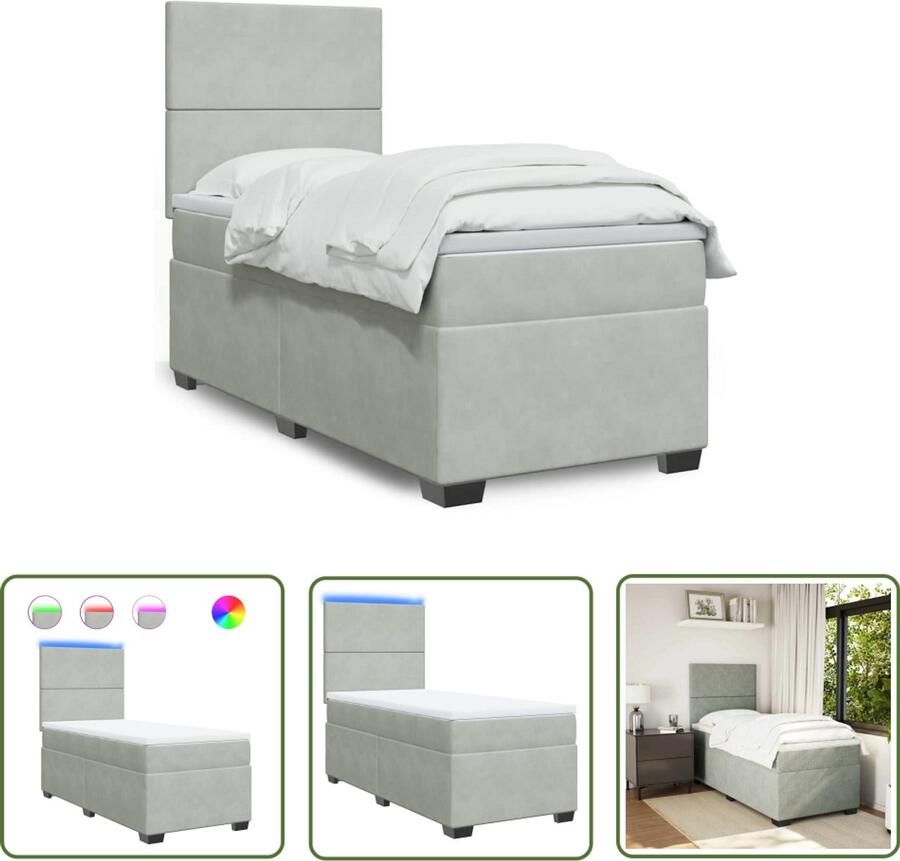VidaXL Boxspring met matras fluweel lichtgrijs 80x200 cm Boxspring Fluweel Bed Licht Grijs Bed Pocketveringmatras Led Verlichting Bed