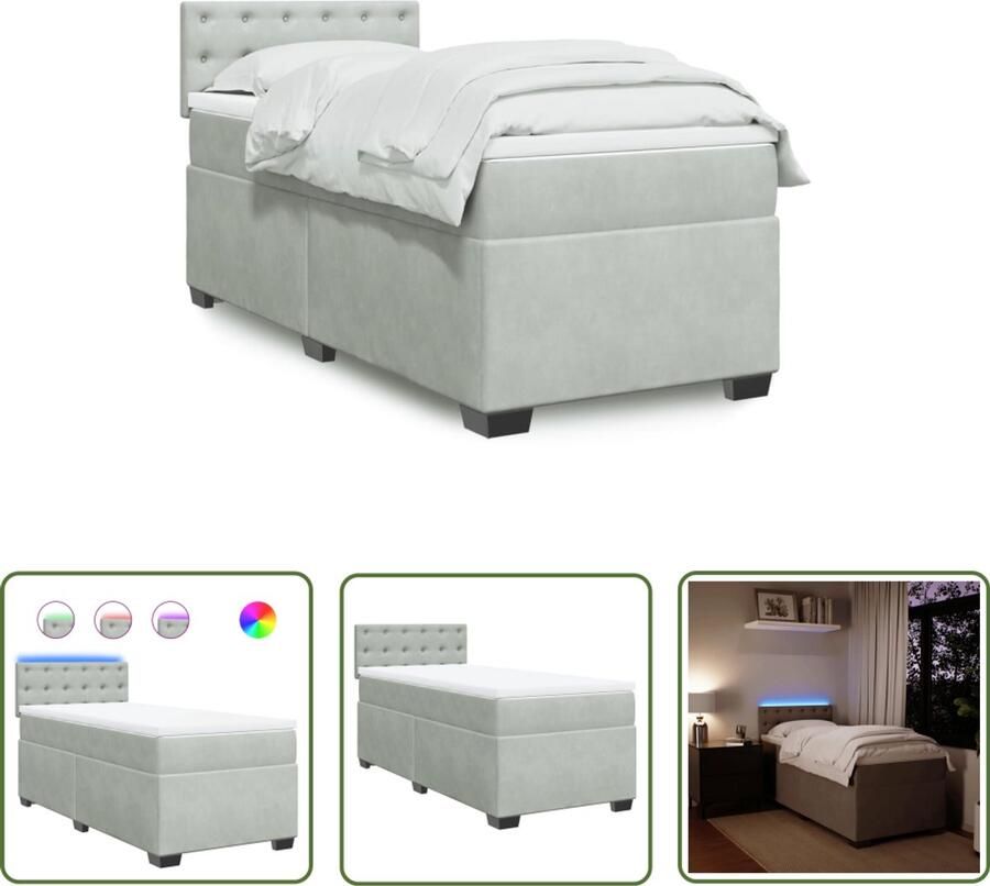 VidaXL Boxspring met matras fluweel lichtgrijs 80x200 cm Boxspring Fluweel Bed Licht Grijs Bed Tweepersoons Bed Led Lamp