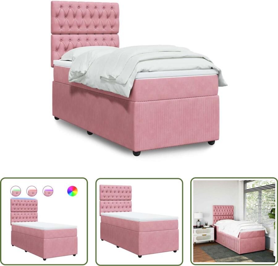 VidaXL Boxspring met matras fluweel roze 100x200 cm Boxspring Fluweel Bed Roze Bed Tweepersoon Bed Led Lamp